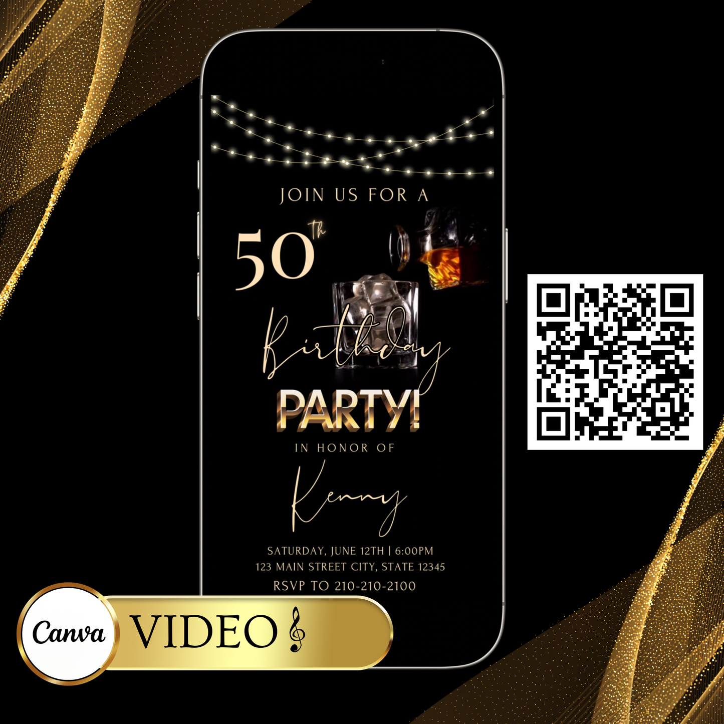 Whiskey Video Invitation | Animated Men’s Birthday Digital Evite | Editable Canva Invite Template