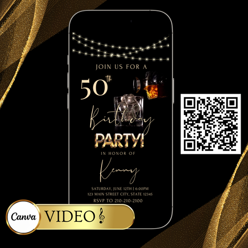 Whiskey Video Invitation | Animated Men’s Birthday Digital Evite | Editable Canva Invite Template