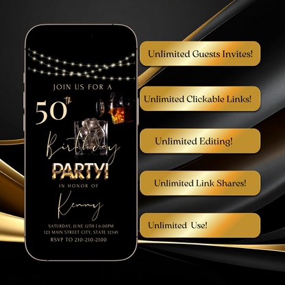 Whiskey Video Invitation | Animated Men’s Birthday Digital Evite | Editable Canva Invite Template