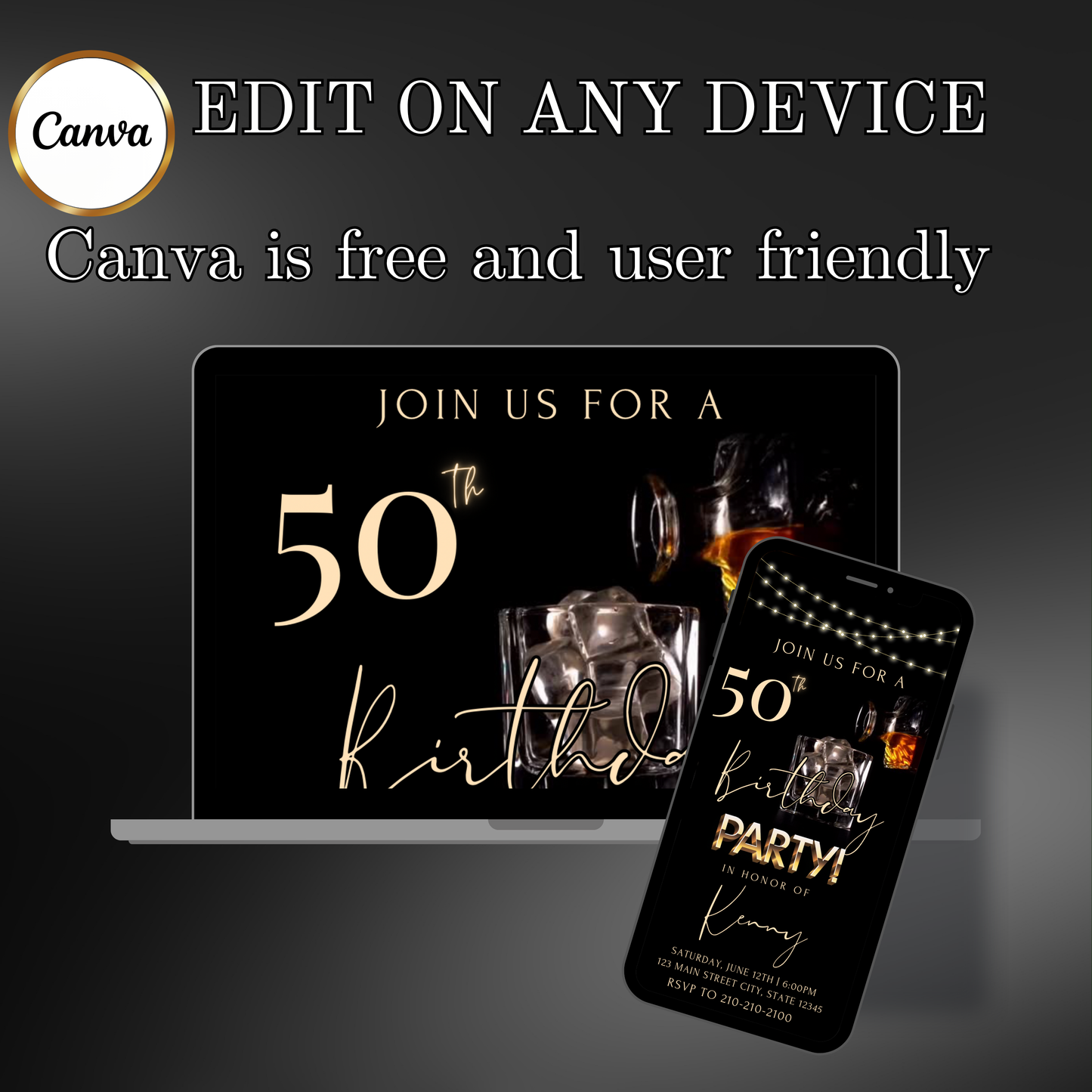 Whiskey Video Invitation | Animated Men’s Birthday Digital Evite | Editable Canva Invite Template