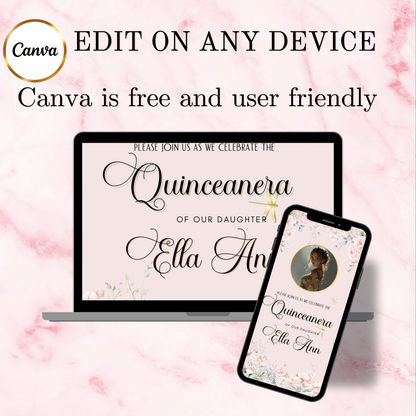 Pink Quinceañera Video Invitation Canva Template