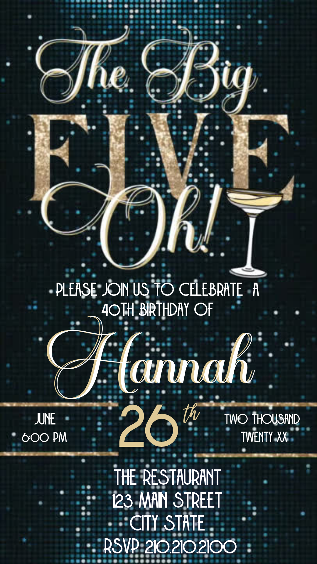 Vertical phone mockup showing “The Big Five-Oh!” animated video invite
