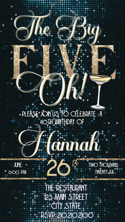 Vertical phone mockup showing “The Big Five-Oh!” animated video invite