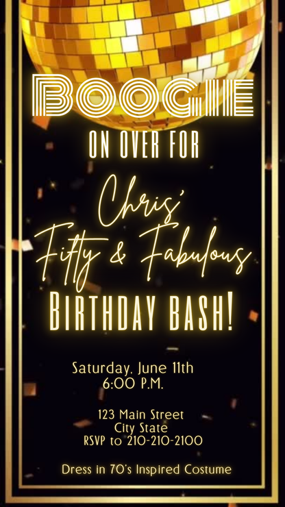Smartphone showing Gold Disco party video invitation with glittery disco ball