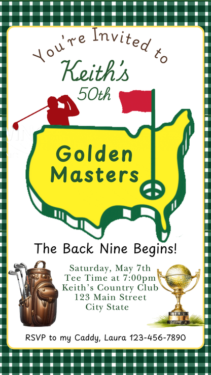Vertical phone mockup showing Masters Watch Party animated video invite
