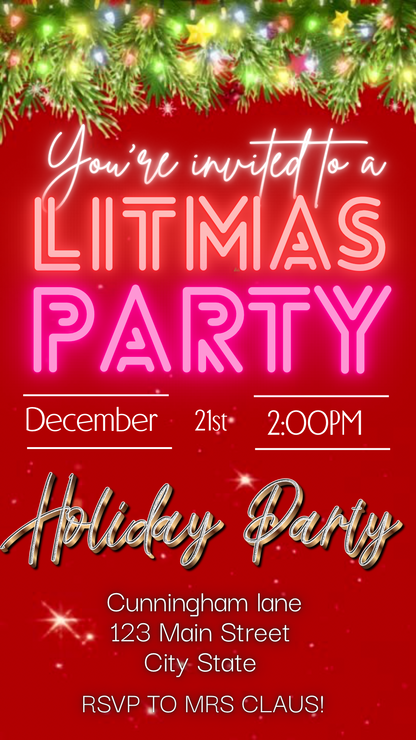 Christmas Party Video Invitation – Litmas Animated Holiday Lights | Digital Evite with Music for Mobile and Text Sharing