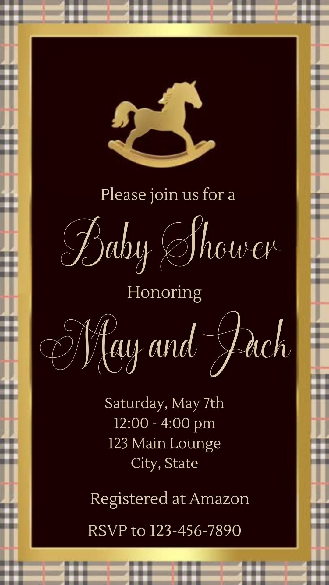 Editable maroon ralph lauren polo baby shower video invitation displayed on a mobile phone, featuring an animated vertical digital invite with music, created in Canva. This premium video invitation template is designed for sharing by text, email, and social media and works with an interactive RSVP website for easy guest response tracking.