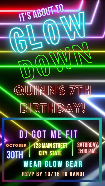 Editable neon glow birthday party video invitation displayed on a mobile phone, featuring an animated vertical digital invite with music, created in Canva. This premium video invitation template is designed for sharing by text, email, and social media and works with an interactive RSVP website for easy guest response tracking.