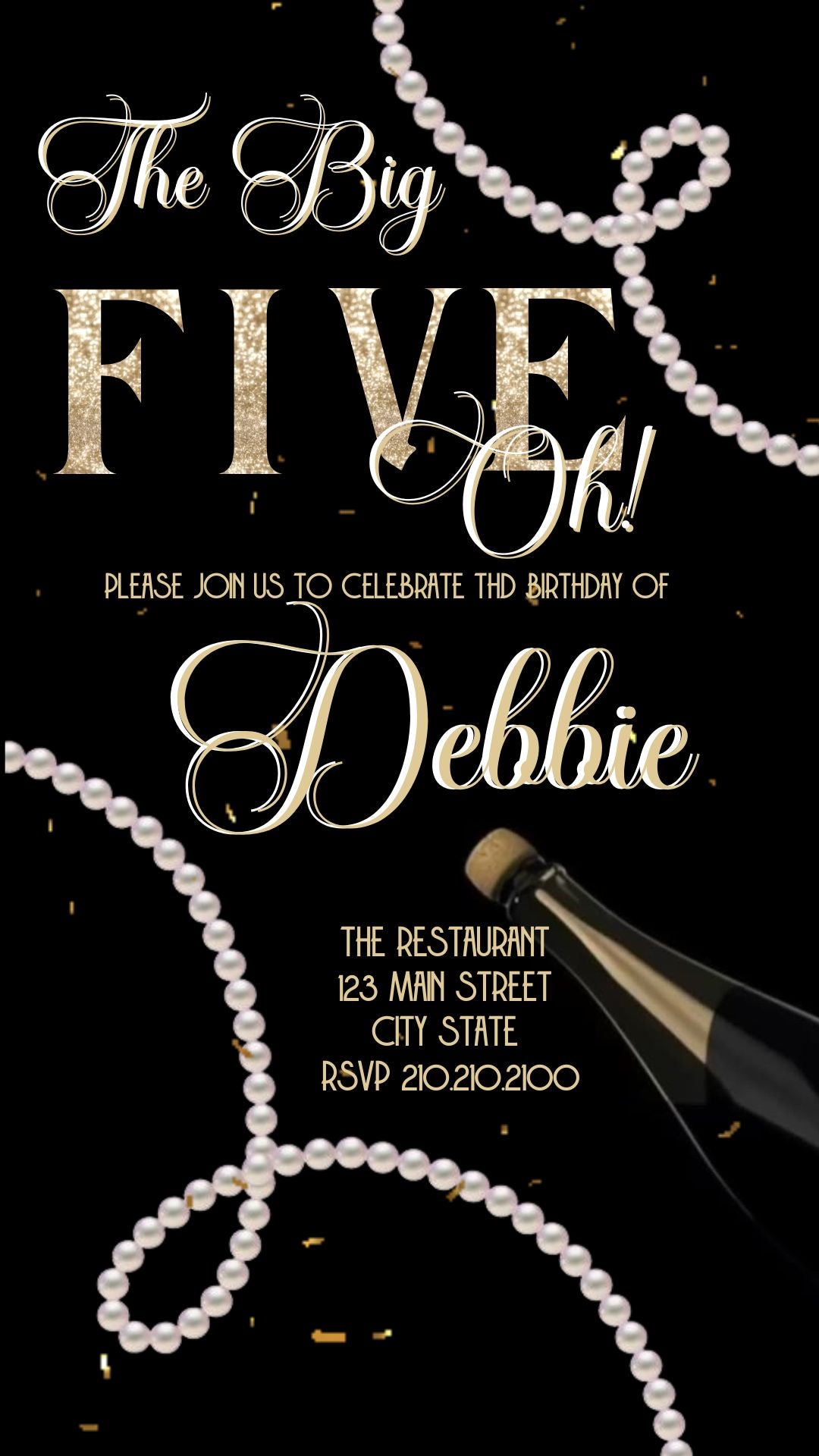 Editable pearl black gold 50th birthday video invitation displayed on a mobile phone, featuring an animated vertical digital invite with music, created in Canva. This premium video invitation template is designed for sharing by text, email, and social media and works with an interactive RSVP website for easy guest response tracking.