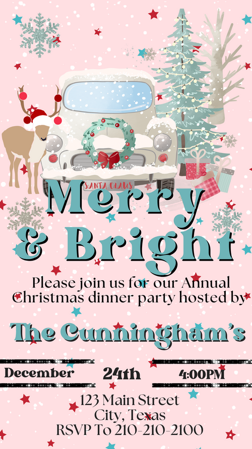 Editable Pink Merry & Bright video invitation shown on smartphone