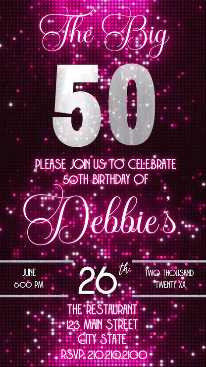 Editable pink sequin 50th birthday video invitation displayed on a mobile phone, featuring an animated vertical digital invite with music, created in Canva. This premium video invitation template is designed for sharing by text, email, and social media and works with an interactive RSVP website for easy guest response tracking.