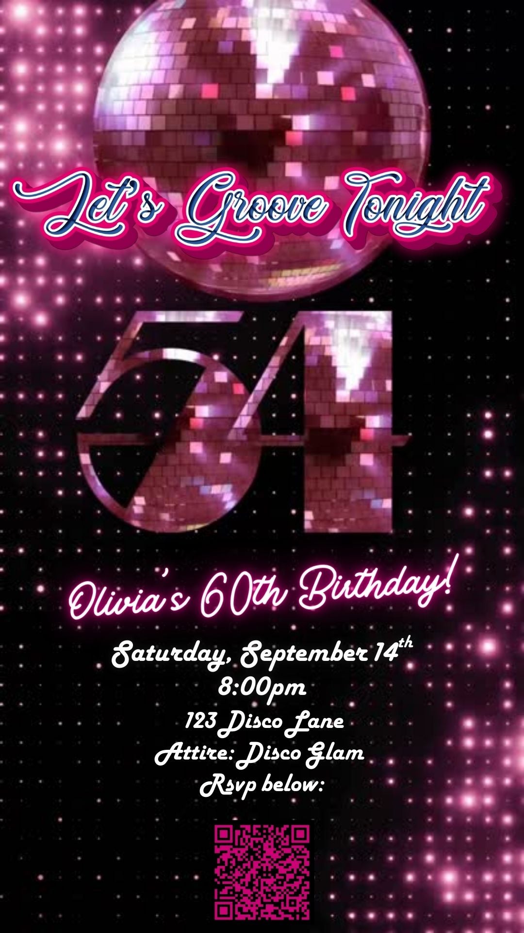 Editable pink disco studio 54th birthday video invitation displayed on a mobile phone, featuring an animated vertical digital invite with music, created in Canva. This premium video invitation template is designed for sharing by text, email, and social media and works with an interactive RSVP website for easy guest response tracking.