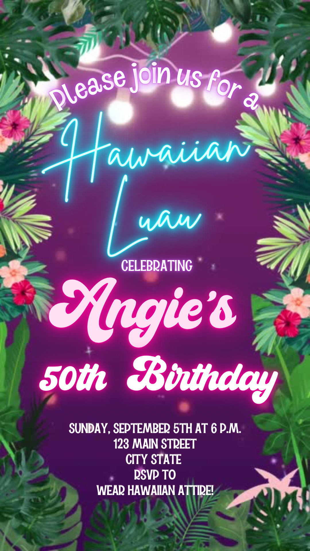 Neon Luau Video Invite | Editable Animated Tropical Hawaiian Summer Evite