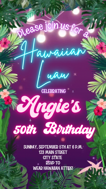 Neon Luau Video Invite | Editable Animated Tropical Hawaiian Summer Evite