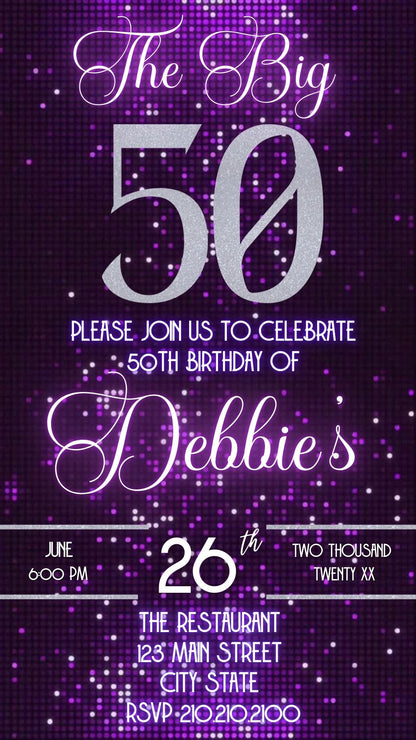Editable purple glitter 50th birthday video invitation displayed on a mobile phone, featuring an animated vertical digital invite with music, created in Canva. This premium video invitation template is designed for sharing by text, email, and social media and works with an interactive RSVP website for easy guest response tracking.