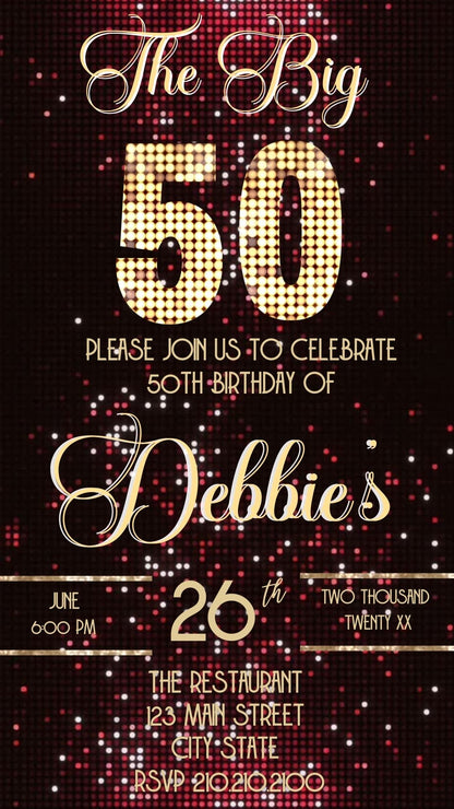 Editable red gold glam 50th birthday video invitation displayed on a mobile phone, featuring an animated vertical digital invite with music, created in Canva. This premium video invitation template is designed for sharing by text, email, and social media and works with an interactive RSVP website for easy guest response tracking.