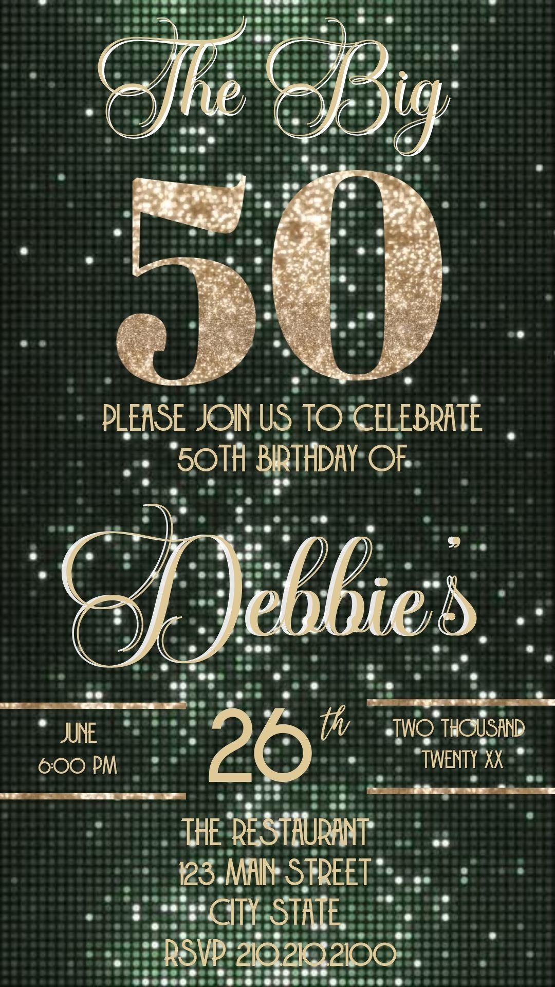 Editable sage green & gold 50th birthday video invitation displayed on a mobile phone, featuring an animated vertical digital invite with music, created in Canva. This premium video invitation template is designed for sharing by text, email, and social media and works with an interactive RSVP website for easy guest response tracking.