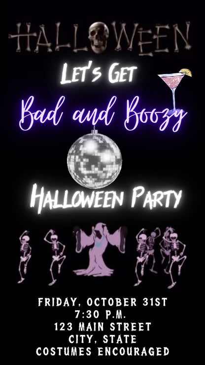 Editable neon boozy halloween party party video invitation displayed on a mobile phone, featuring an animated vertical digital invite with music, created in Canva. This premium video invitation template is designed for sharing by text, email, and social media and works with an interactive RSVP website for easy guest response tracking.