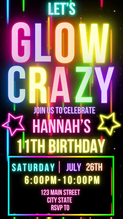 Editable glow crazy 11th birthday video invitation displayed on a mobile phone, featuring an animated vertical digital invite with music, created in Canva. This premium video invitation template is designed for sharing by text, email, and social media and works with an interactive RSVP website for easy guest response tracking.