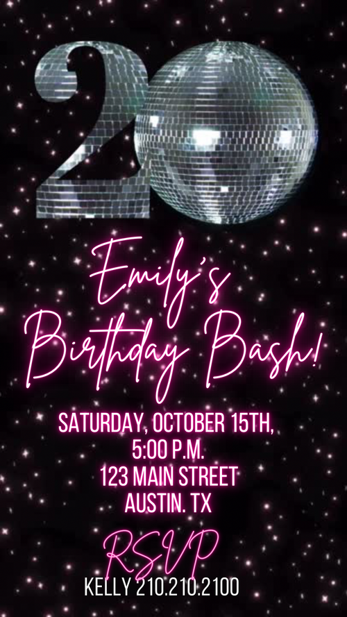20th Birthday Party Video Invitation | Animated Disco Digital Evite | Editable Canva Invite Template