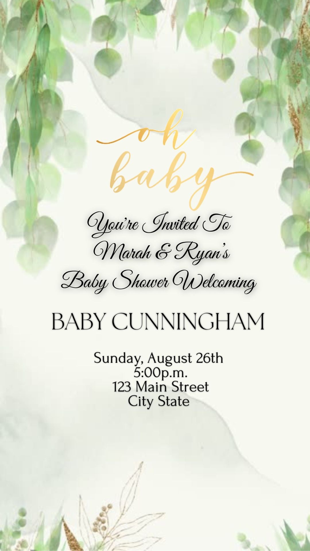 Editable greenery baby shower baby shower video invitation displayed on a mobile phone, featuring an animated vertical digital invite with music, created in Canva. This premium video invitation template is designed for sharing by text, email, and social media and works with an interactive RSVP website for easy guest response tracking.
