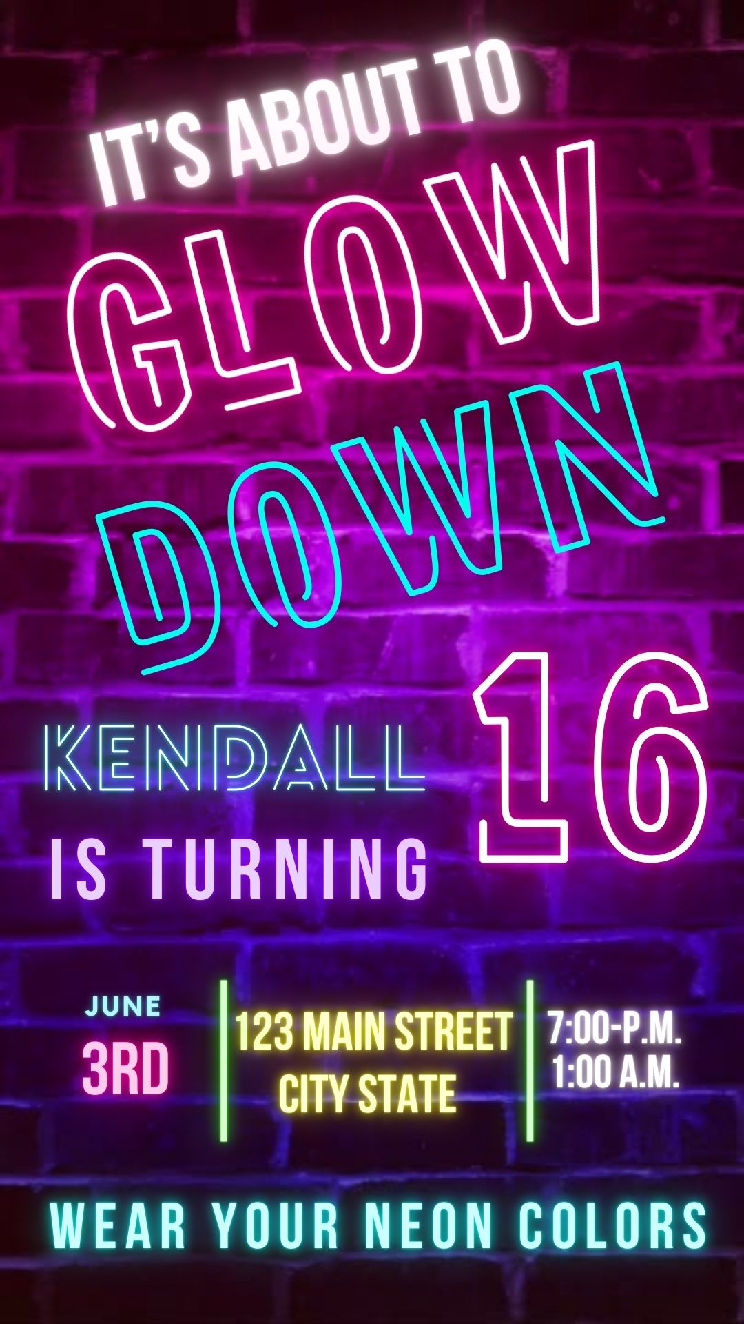 Editable neon glow brick sweet 16 birthday video invitation displayed on a mobile phone, featuring an animated vertical digital invite with music, created in Canva. This premium video invitation template is designed for sharing by text, email, and social media and works with an interactive RSVP website for easy guest response tracking.