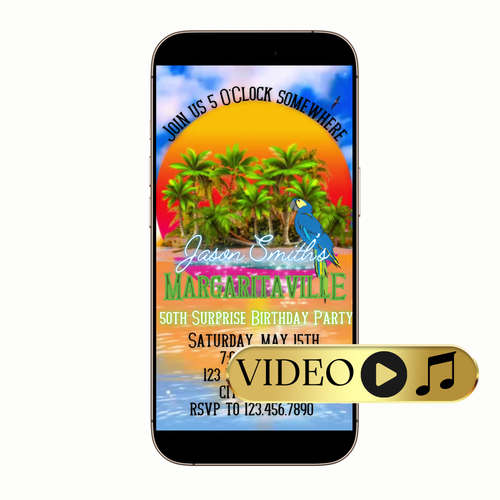 Margaritaville 50th surprise birthday video invitation with tropical drink graphics