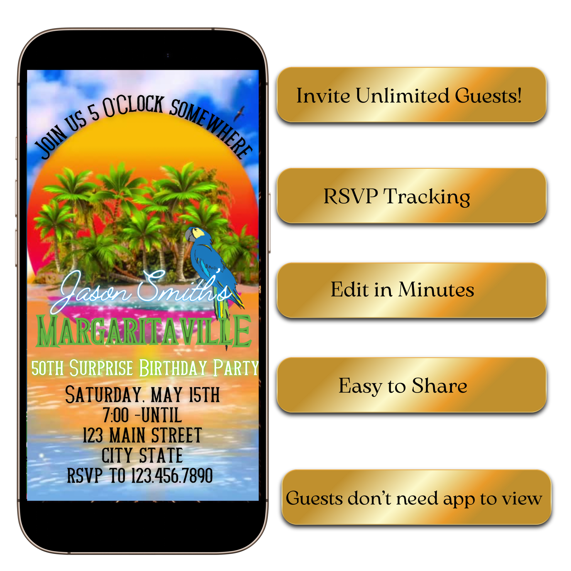 Editable Margaritaville birthday digital invite displayed on smartphone