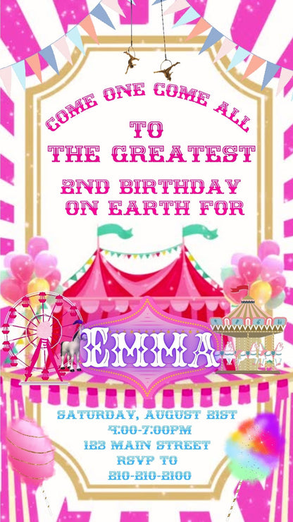 Editable pink circus 2nd birthday birthday video invitation displayed on a mobile phone, featuring an animated vertical digital invite with music, created in Canva. This premium video invitation template is designed for sharing by text, email, and social media and works with an interactive RSVP website for easy guest response tracking.