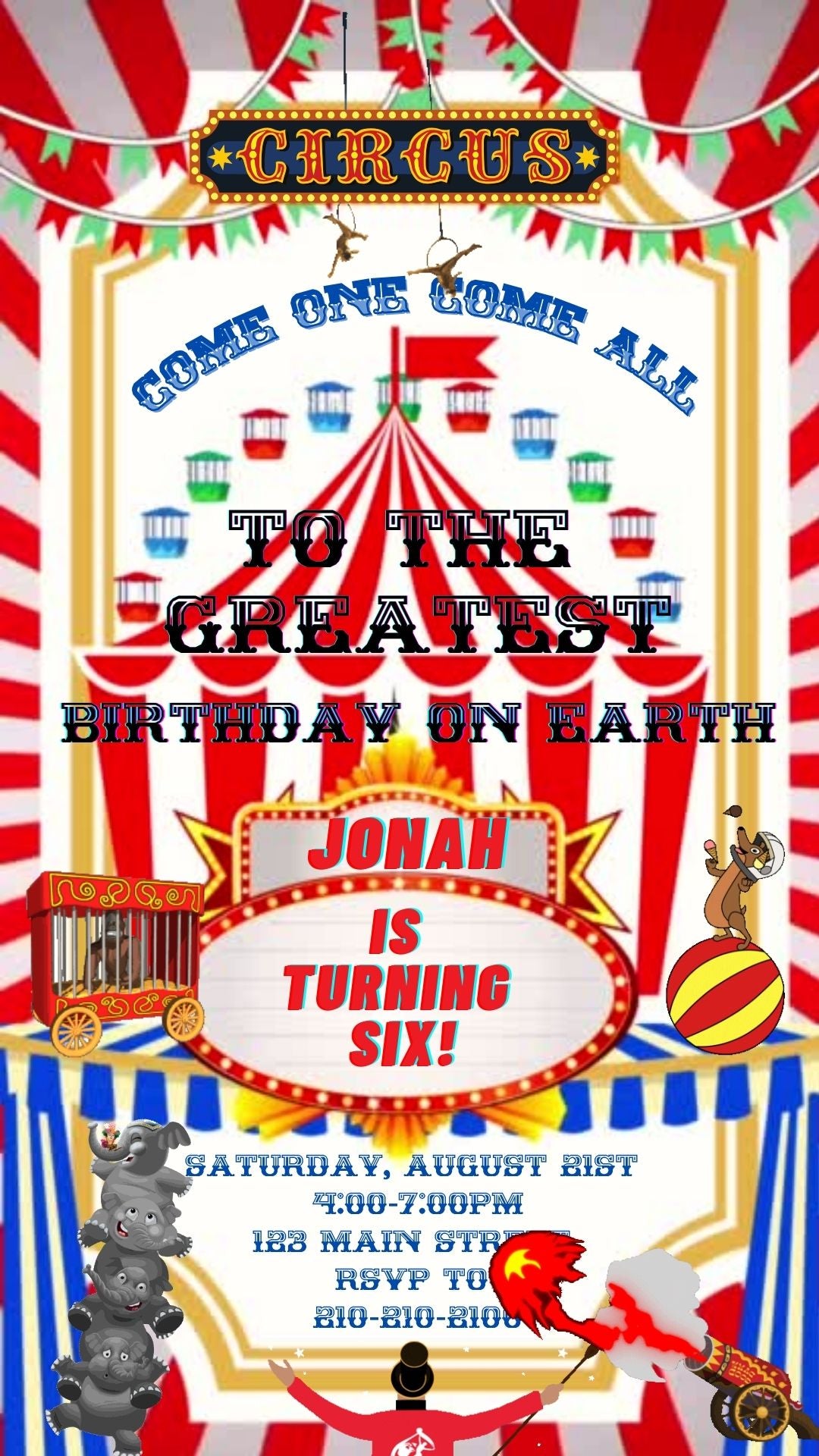 Editable red circus 6th birthday birthday video invitation displayed on a mobile phone, featuring an animated vertical digital invite with music, created in Canva. This premium video invitation template is designed for sharing by text, email, and social media and works with an interactive RSVP website for easy guest response tracking.