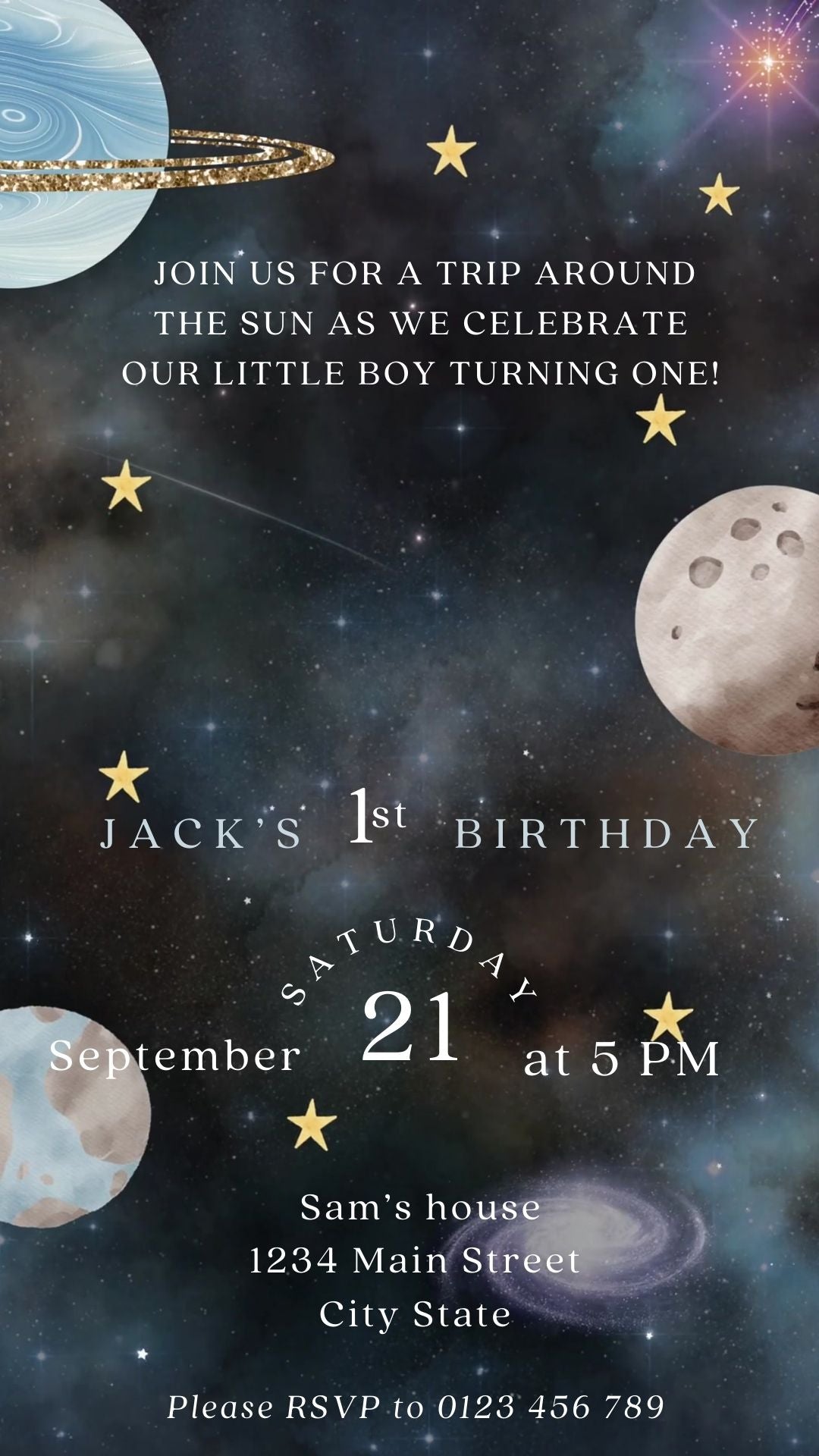 Editable space 1st birthday birthday video invitation displayed on a mobile phone, featuring an animated vertical digital invite with music, created in Canva. This premium video invitation template is designed for sharing by text, email, and social media and works with an interactive RSVP website for easy guest response tracking.
