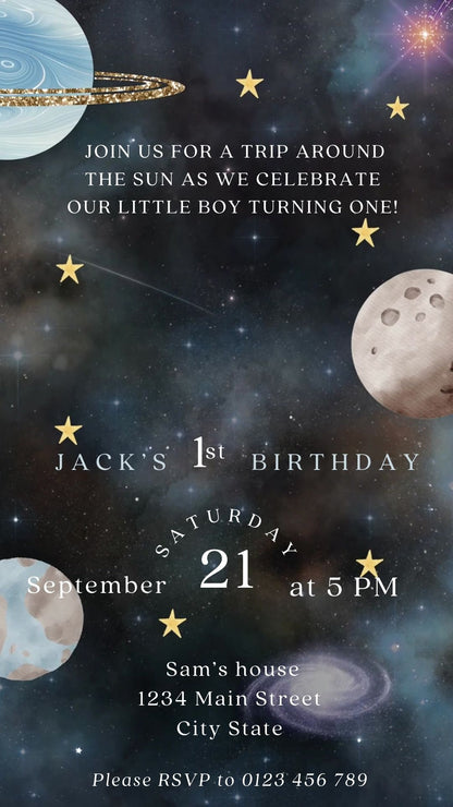 Editable space 1st birthday birthday video invitation displayed on a mobile phone, featuring an animated vertical digital invite with music, created in Canva. This premium video invitation template is designed for sharing by text, email, and social media and works with an interactive RSVP website for easy guest response tracking.