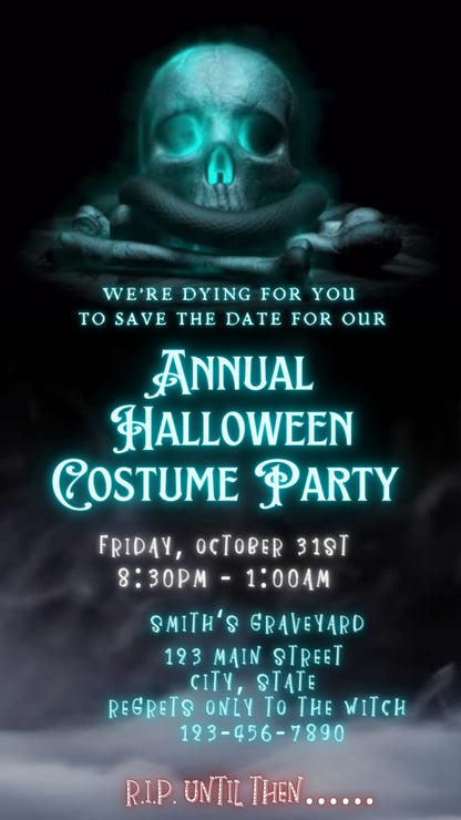 Editable spooky halloween costume party party video invitation displayed on a mobile phone, featuring an animated vertical digital invite with music, created in Canva. This premium video invitation template is designed for sharing by text, email, and social media and works with an interactive RSVP website for easy guest response tracking.