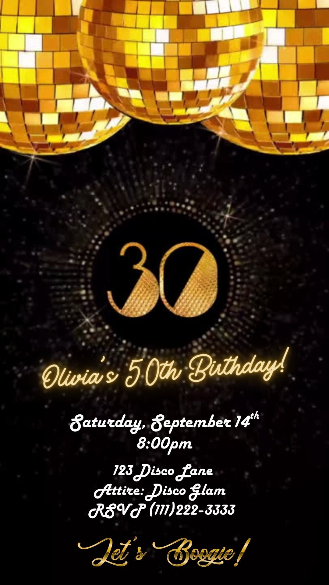Editable gold disco 30th birthday video invitation displayed on a mobile phone, featuring an animated vertical digital invite with music, created in Canva. This premium video invitation template is designed for sharing by text, email, and social media and works with an interactive RSVP website for easy guest response tracking.