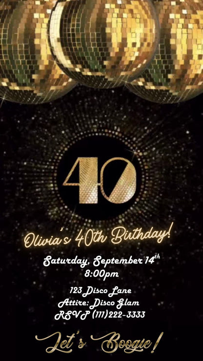 Editable black gold studio 40th birthday video invitation displayed on a mobile phone, featuring an animated vertical digital invite with music, created in Canva. This premium video invitation template is designed for sharing by text, email, and social media and works with an interactive RSVP website for easy guest response tracking.