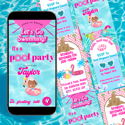 Pink Pool Party Video Invitation with RSVP Website | Editable Canva Girls Swimming Birthday Invite | Barbie Summer Pool Party