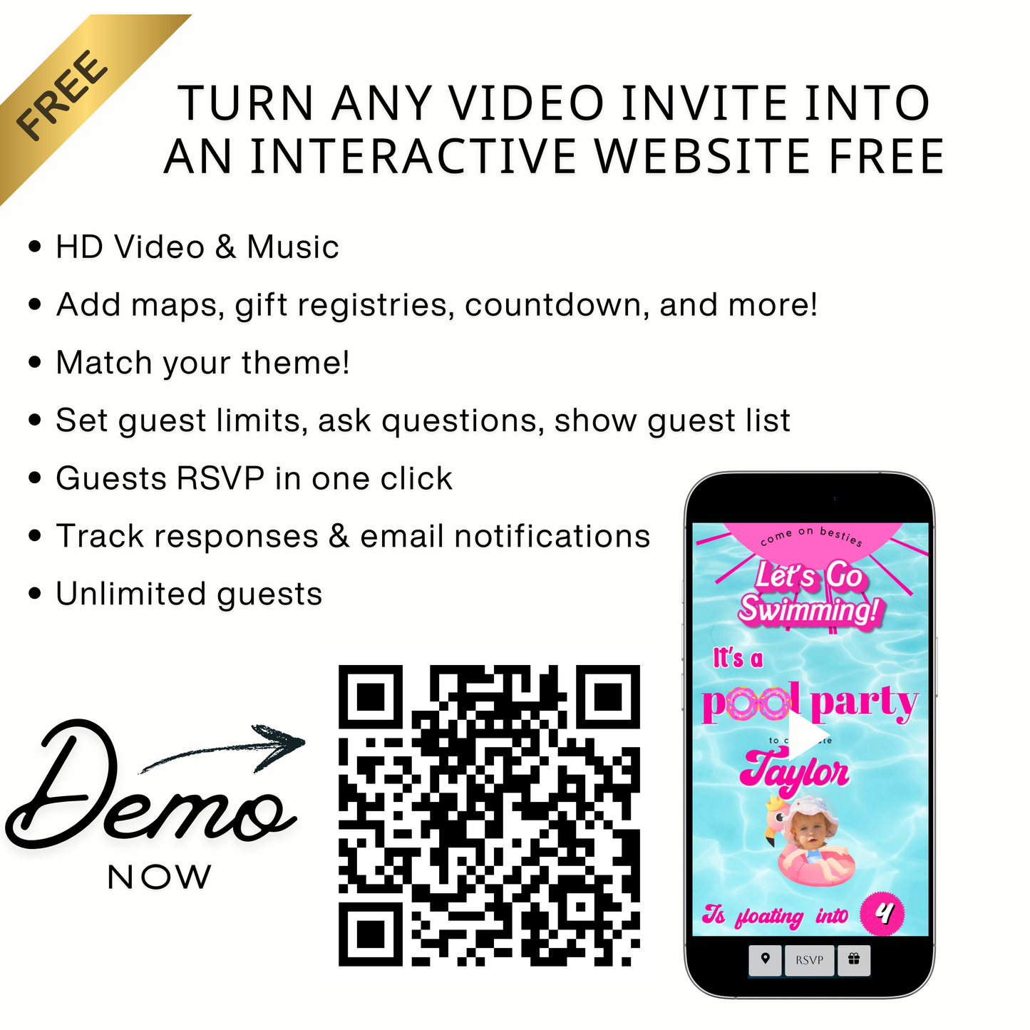 Pink Pool Party Video Invitation with RSVP Website | Editable Canva Girls Swimming Birthday Invite | Barbie Summer Pool Party