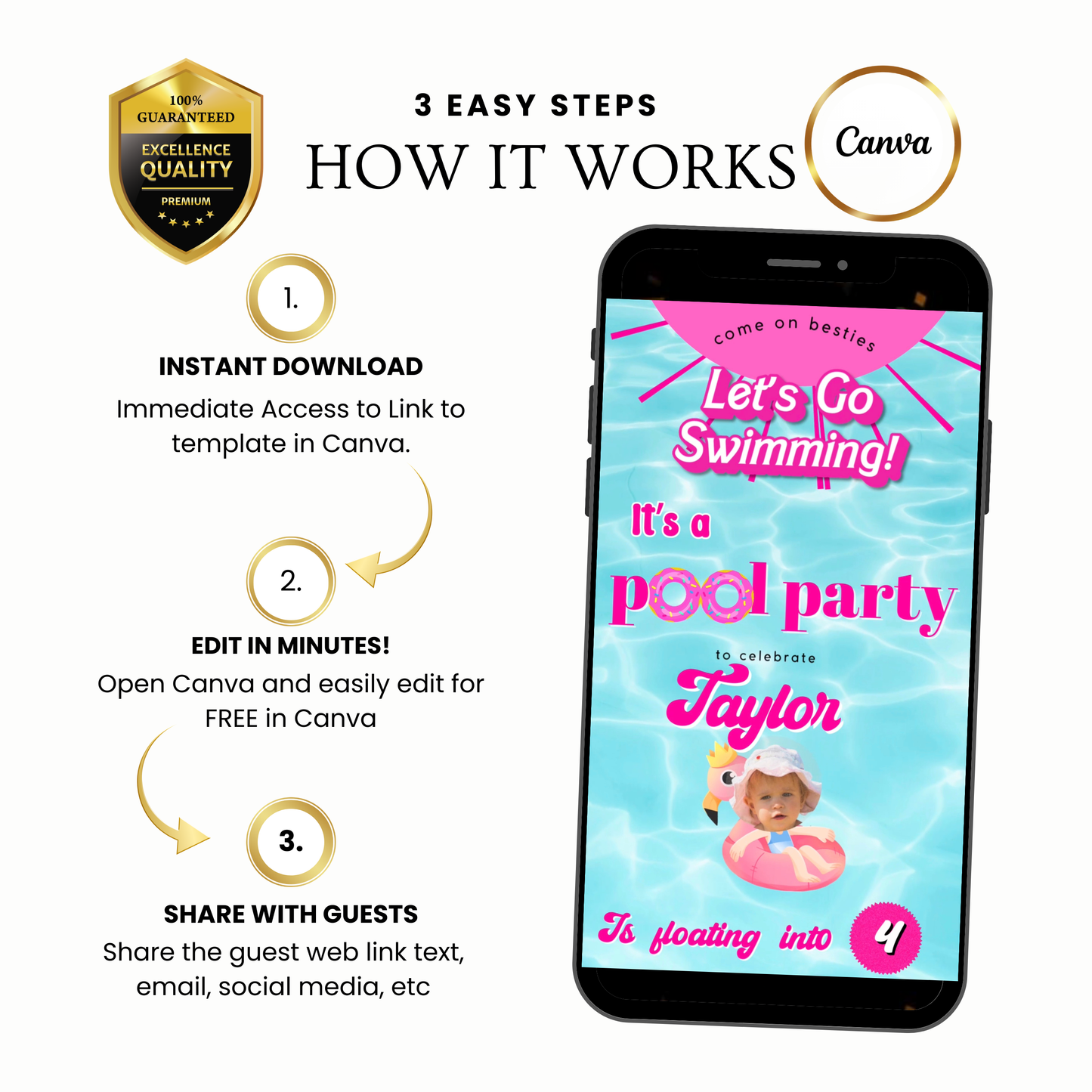 Pink Pool Party Video Invitation with RSVP Website | Editable Canva Girls Swimming Birthday Invite | Barbie Summer Pool Party