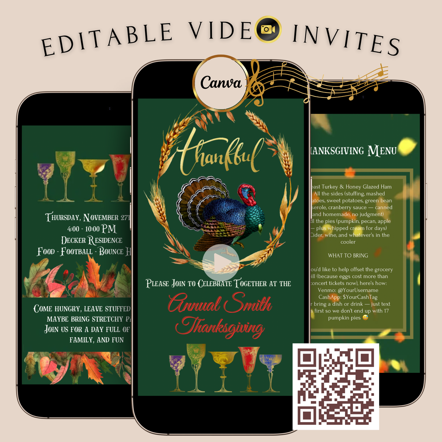 Thanksgiving animated video invitation template with vintage turkey, wheat frame, colorful fall leaves, and retro cocktail glasses. Includes customizable slides for event details and dinner menu. Ideal for family Thanksgiving or Friendsgiving party. Mobile-friendly Canva MP4 evite.