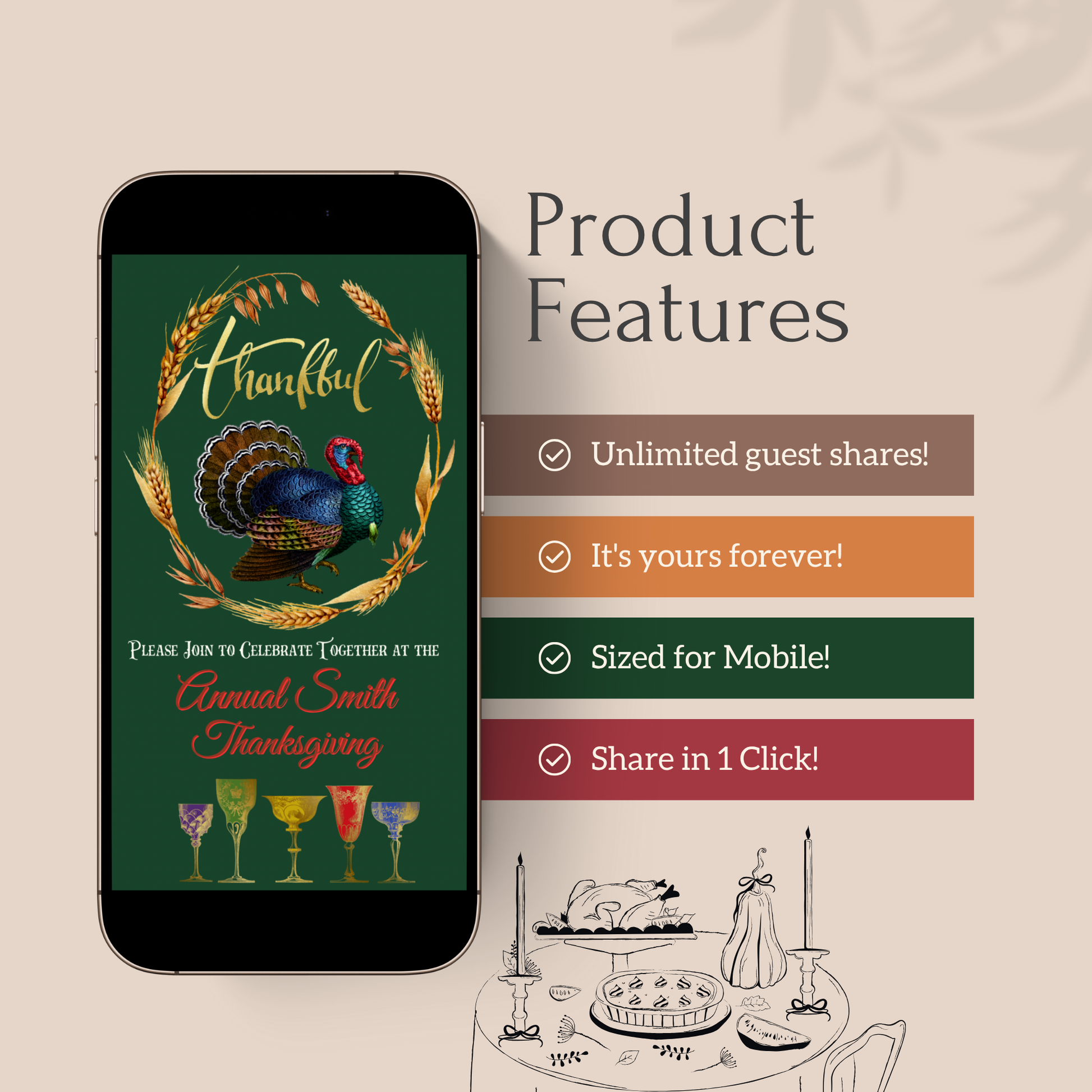 Thanksgiving animated video invitation template with vintage turkey, wheat frame, colorful fall leaves, and retro cocktail glasses. Includes customizable slides for event details and dinner menu. Ideal for family Thanksgiving or Friendsgiving party. Mobile-friendly Canva MP4 evite.