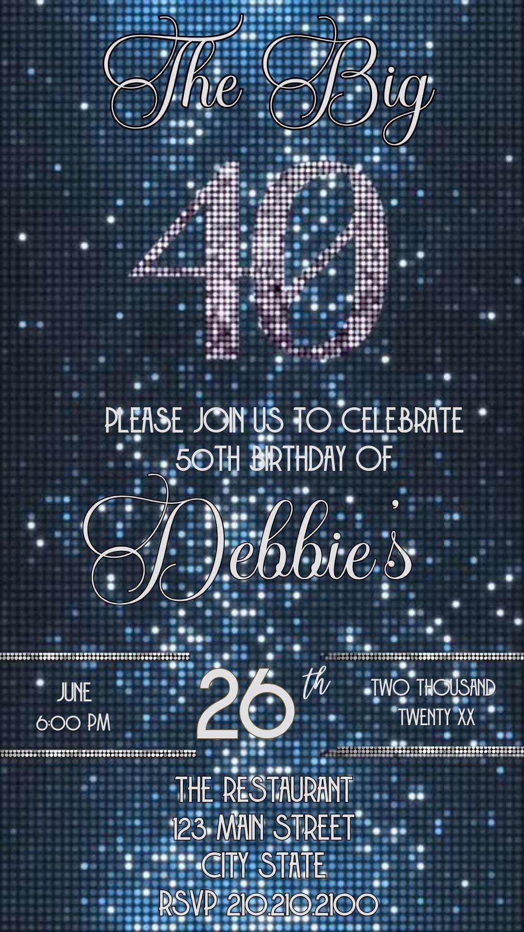 Editable blue sequin 40th birthday video invitation displayed on a mobile phone, featuring an animated vertical digital invite with music, created in Canva. This premium video invitation template is designed for sharing by text, email, and social media and works with an interactive RSVP website for easy guest response tracking.