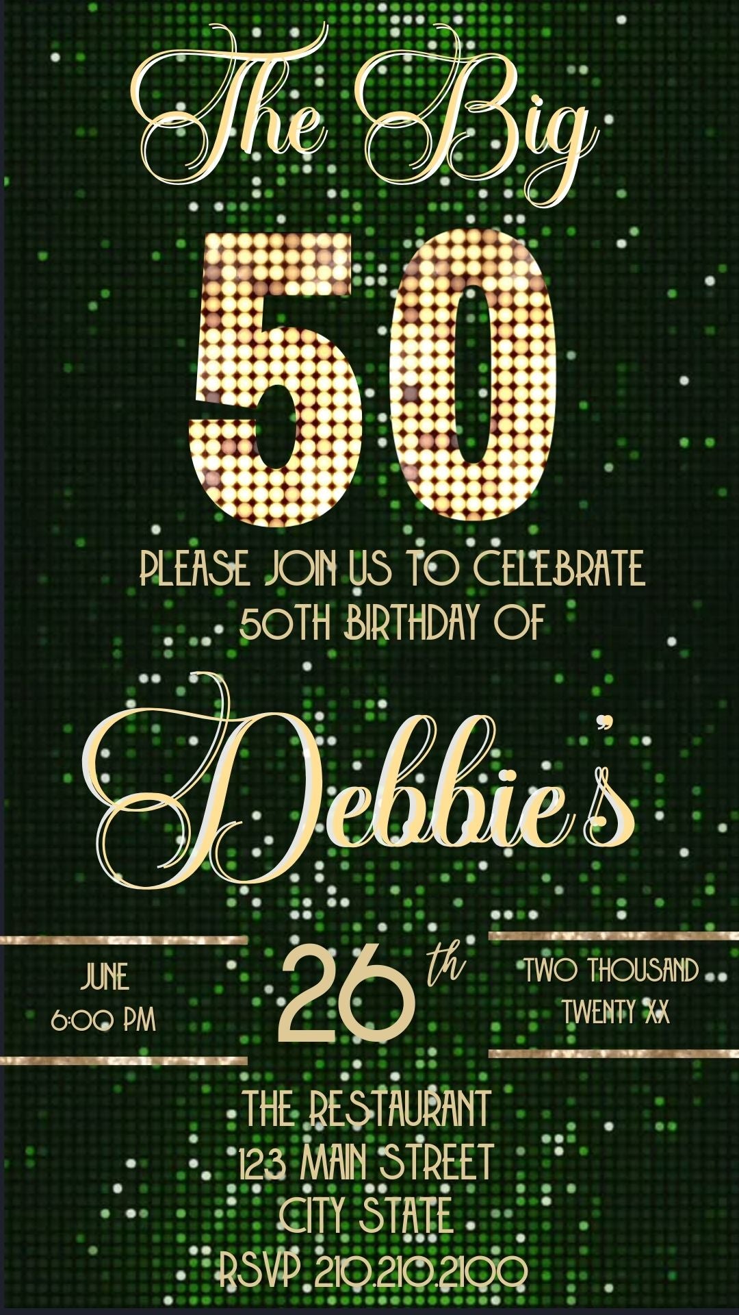 Editable green sequin 50th birthday video invitation displayed on a mobile phone, featuring an animated vertical digital invite with music, created in Canva. This premium video invitation template is designed for sharing by text, email, and social media and works with an interactive RSVP website for easy guest response tracking.
