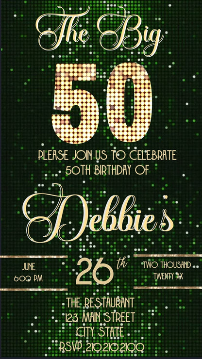 Editable green sequin 50th birthday video invitation displayed on a mobile phone, featuring an animated vertical digital invite with music, created in Canva. This premium video invitation template is designed for sharing by text, email, and social media and works with an interactive RSVP website for easy guest response tracking.