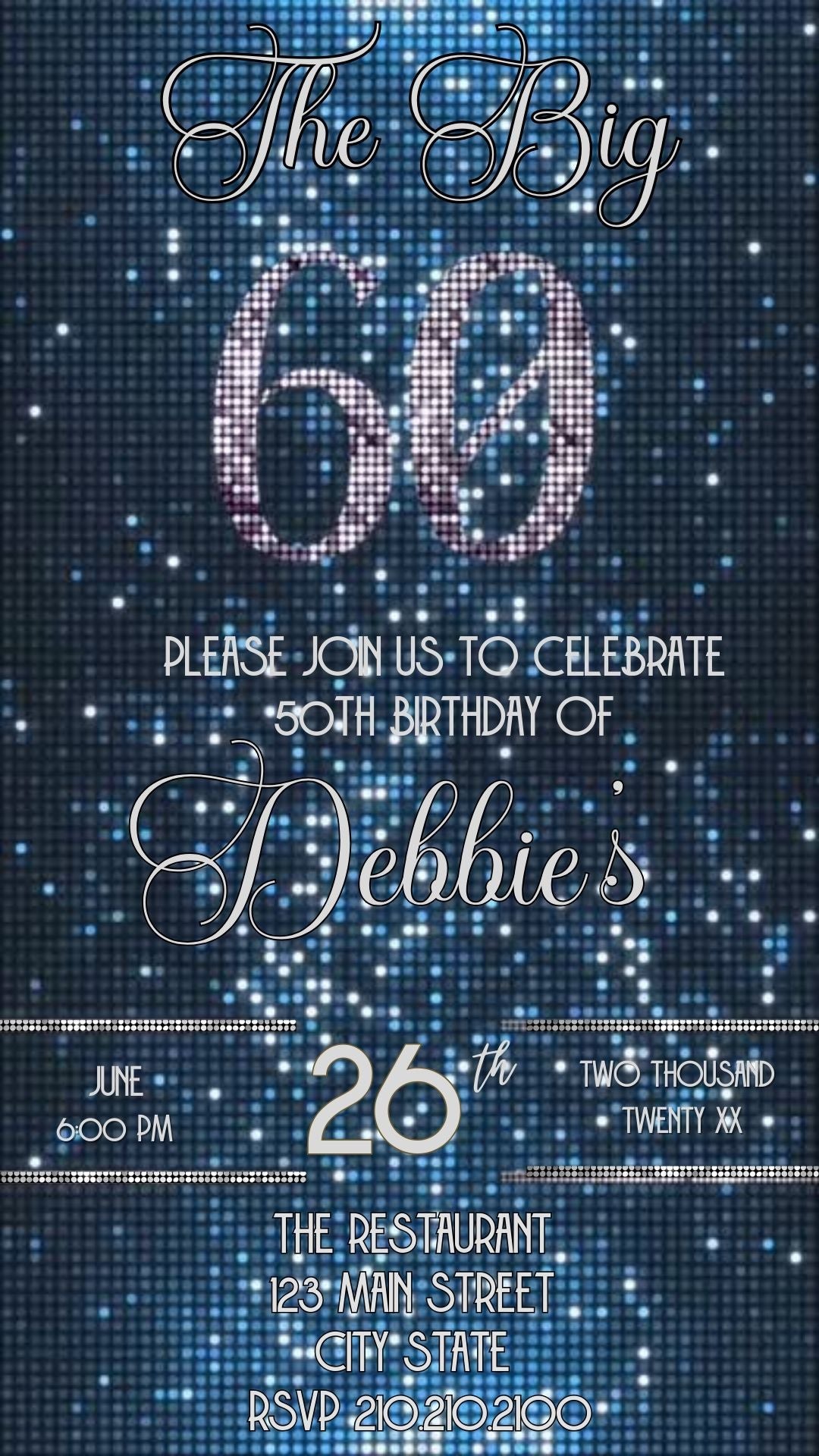 Editable blue sequin 60th birthday video invitation displayed on a mobile phone, featuring an animated vertical digital invite with music, created in Canva. This premium video invitation template is designed for sharing by text, email, and social media and works with an interactive RSVP website for easy guest response tracking.