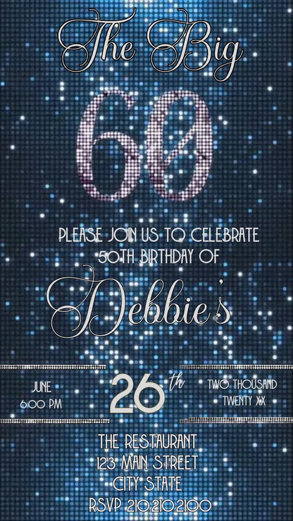 Editable blue sequin 60th birthday video invitation displayed on a mobile phone, featuring an animated vertical digital invite with music, created in Canva. This premium video invitation template is designed for sharing by text, email, and social media and works with an interactive RSVP website for easy guest response tracking.