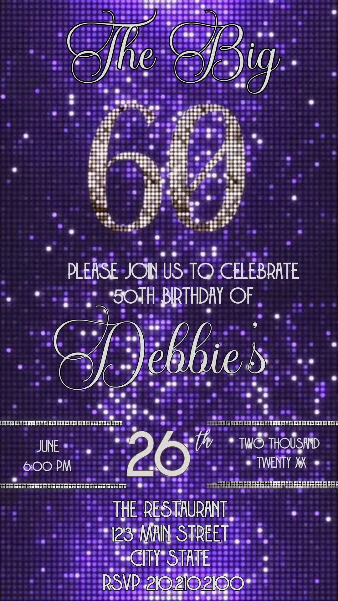 Editable purple shimmer 60th birthday video invitation displayed on a mobile phone, featuring an animated vertical digital invite with music, created in Canva. This premium video invitation template is designed for sharing by text, email, and social media and works with an interactive RSVP website for easy guest response tracking.