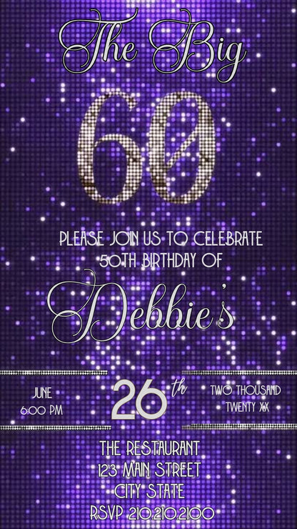 Editable purple shimmer 60th birthday video invitation displayed on a mobile phone, featuring an animated vertical digital invite with music, created in Canva. This premium video invitation template is designed for sharing by text, email, and social media and works with an interactive RSVP website for easy guest response tracking.