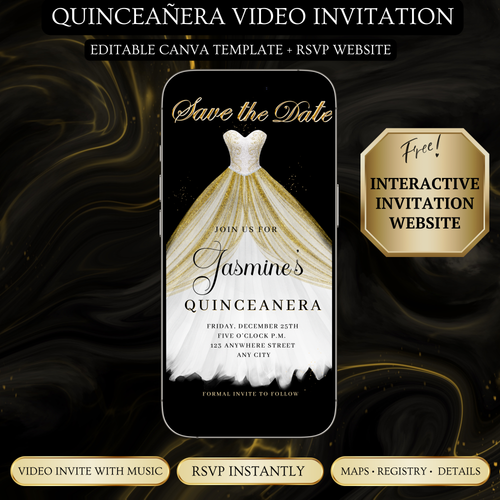 White and Gold Quinceanera Video Invite | Sweet 15 16 Quince RSVP Tracker | Editable Canva Evite Template