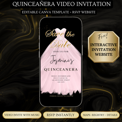 Pink Quinceanera Video Invite | Sweet 15 16 Quince RSVP Tracker | Editable Canva Evite Template
