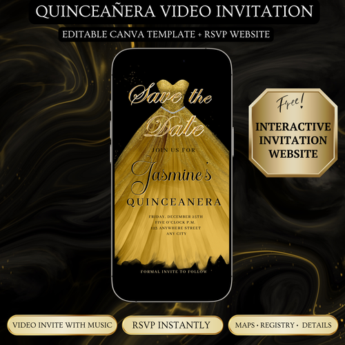 Gold Quinceanera Video Invite | Sweet 15 16 Quince RSVP Tracker | Editable Canva Evite Template